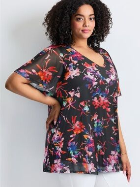 Avenue Plus Size Black Floral V-Neck Tunic Mesh Top